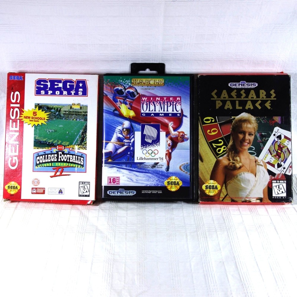 Genesis Cartridge Lot 3 Games and Case/Boxes-College Football, Olympic, Caesars